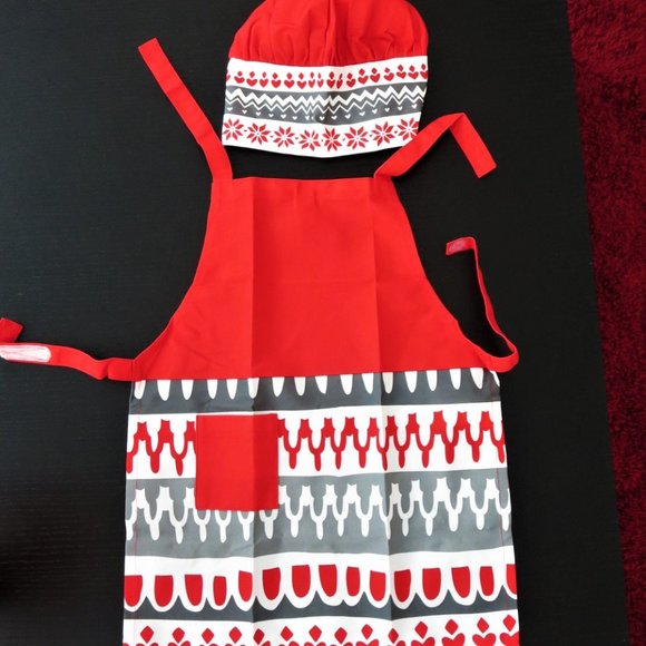 New Kids Child's Apron & Chef Hat Set Red Grey White Pocket Holiday - Picture 1 of 7